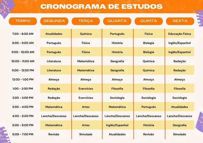 Cronograma de Estudos - Plano semanal de segunda a sexta com horários e matérias